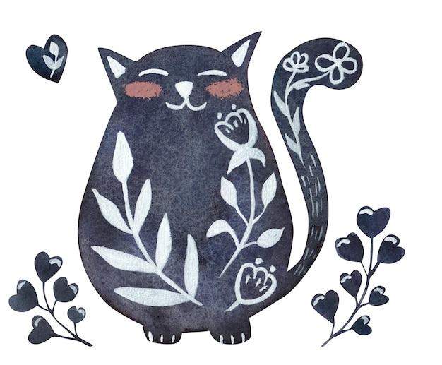 Aquarell schwarze Katze mit Blumen Illustration