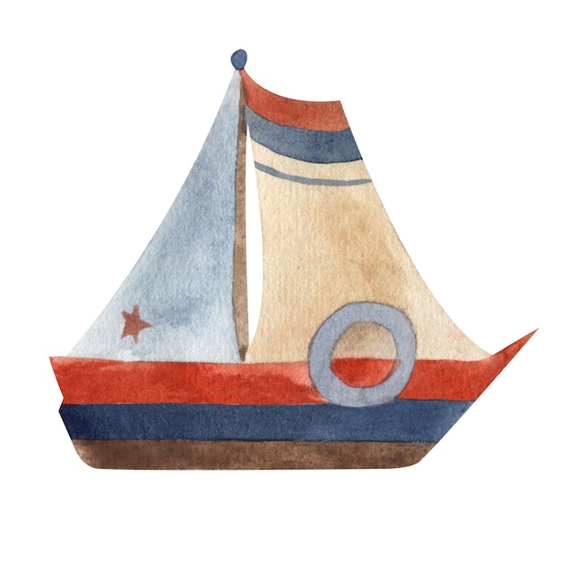 Aquarell-Segelschiff im Retro-Stil und blau-rote Farben