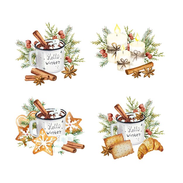 Aquarell-Set aus weißen Weihnachtskompositionen mit Wintertasse Kakao und Kerzen