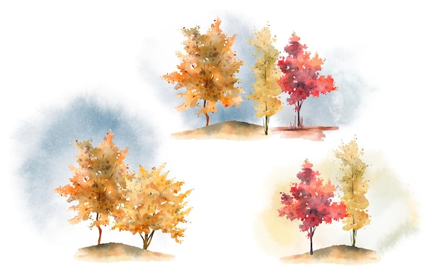 Foto aquarell set bunte bäume im herbst kompositionen mit silhouetten von bäumen der herbstsaison blau plash