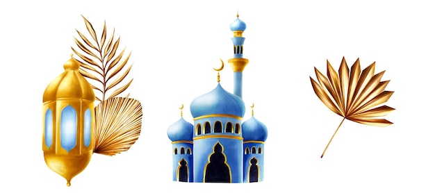 Aquarell-Set der islamischen Moschee und des Minarets goldener Pampas Gras Dattelpalmenzweig goldener Mond und s