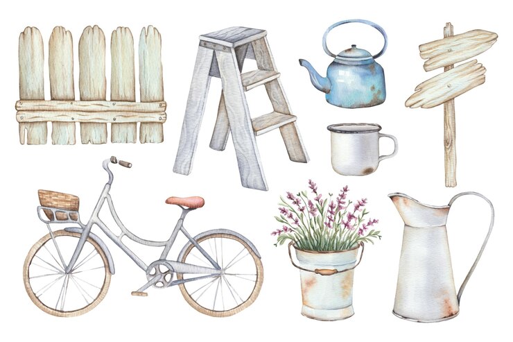 Foto aquarell-set mit gartengegenständen im provence-stil