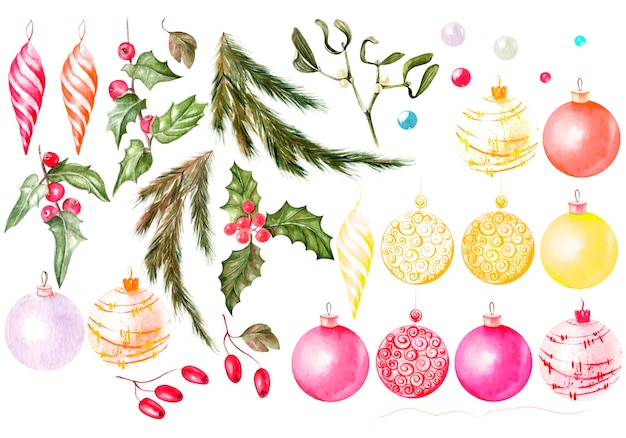 Aquarell-Set mit Weihnachtsspielzeug und Weihnachtsbaum