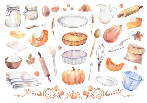 Aquarell-Set mit Zutaten für Kürbiskuchen und Küchenwaren Handgezeichnete Illustration für das Rezept