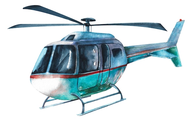 Aquarell-Set von Fahrzeugen Blauer Hubschrauber auf weißem Hintergrund