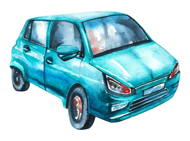 Aquarell-Set von Fahrzeugen Blaues Auto auf weißem Hintergrund