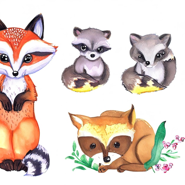 Aquarell-Set von Wald-Cartoon isolierte süße Baby-Fuchs Hirsche Waschbär und Eule Tier mit Blumen Kindergarten Wald Illustration