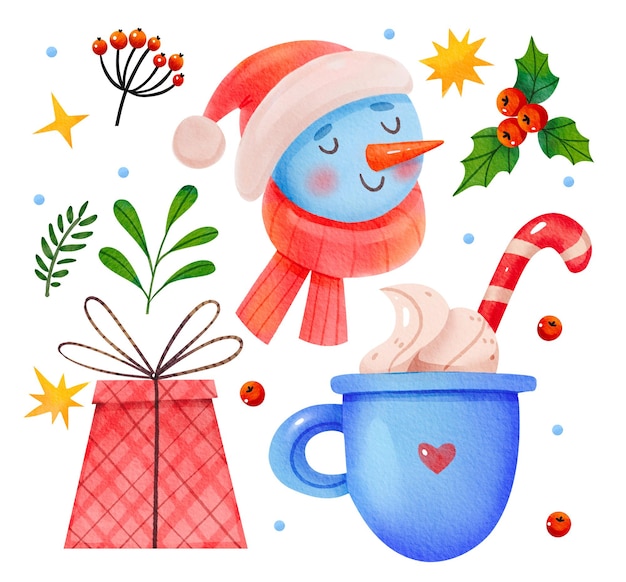 Aquarell-Set von Weihnachtsillustrationen. Helle Farben. Geschenk, Schneemann, Wintergetränk. Abbildung isoliert auf weißem Hintergrund.