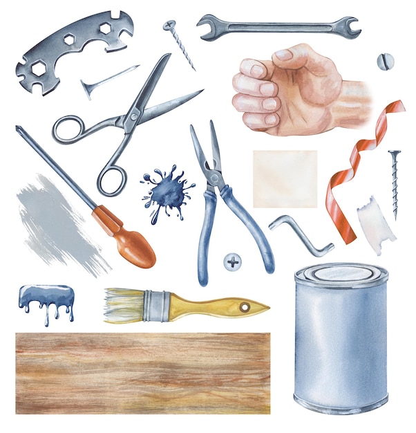 Aquarell-Set von Werkzeug für Männer auf weißem Hintergrund Aquarellillustration eines starken Mannes