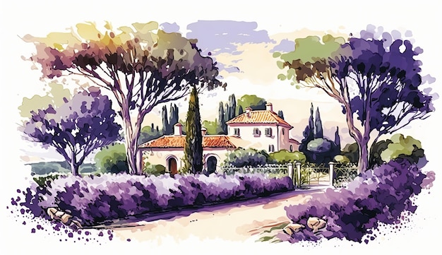 Aquarell Sommer Provence Landschaft Illustration Bäume Lavendel Blumen und Haus Ai generiert