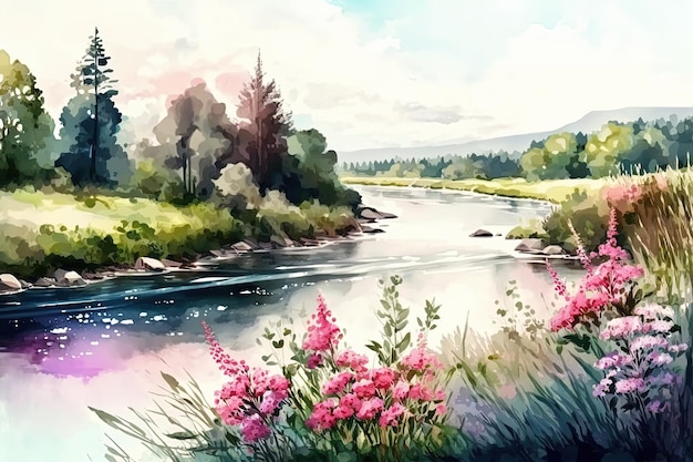 Aquarell Sommerlandschaft Illustration Bäume See und Blumen Ai generiert