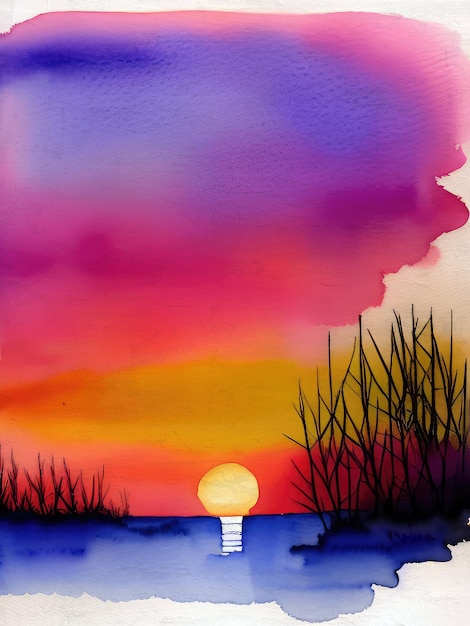 Foto aquarell-sonnenuntergang-malerei-landschaftsillustration