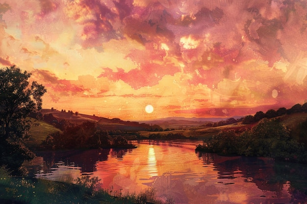 Aquarell Sonnenuntergang über einer ruhigen Landschaft octa