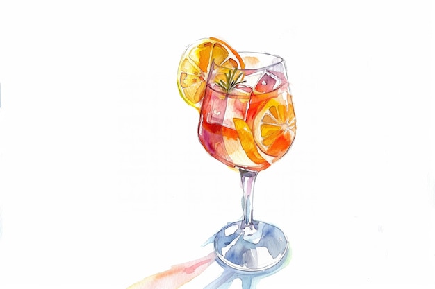 Aquarell-Spritz-Cocktailglas mit orangefarbener Skizze auf weißem Hintergrund