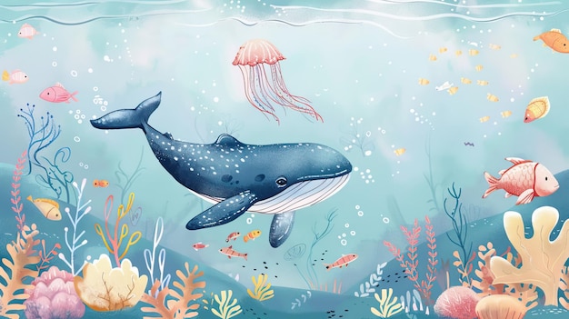 Aquarell-Stil-Illustration Hintergrund Landschaft Ozean, wo Wale Pinguine Fische und Delfine sind