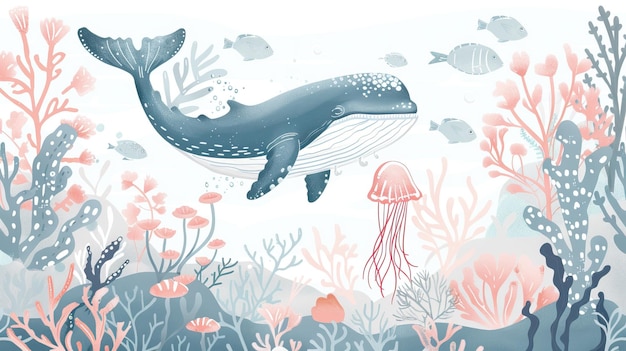 Aquarell-Stil-Illustration Hintergrund Landschaft Ozean, wo Wale Pinguine Fische und Delfine sind