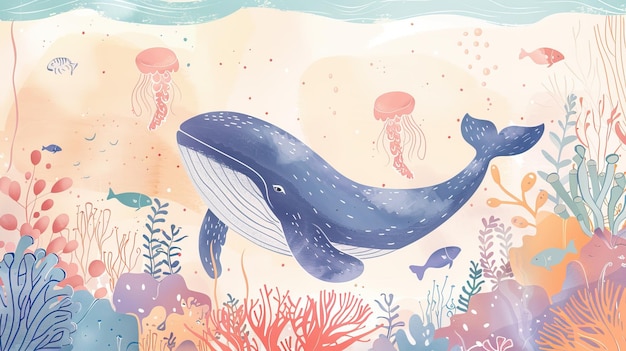 Aquarell-Stil-Illustration Hintergrund Landschaft Ozean, wo Wale Pinguine Fische und Delfine sind