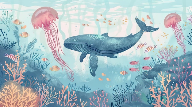 Aquarell-Stil-Illustration Hintergrund Landschaft Ozean, wo Wale Pinguine Fische und Delfine sind