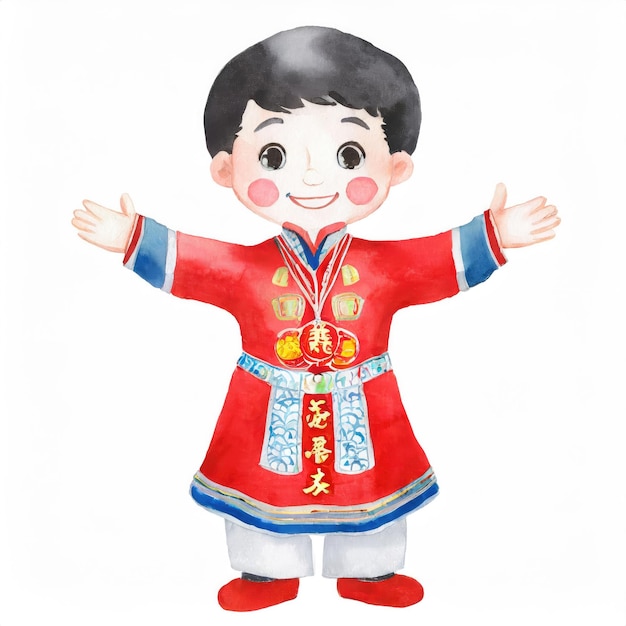Aquarell-Stil voller Körper von Zeichentrickfilmen süßes chinesisches Kind Charakter mit chinesischem Kleidung KI generiert