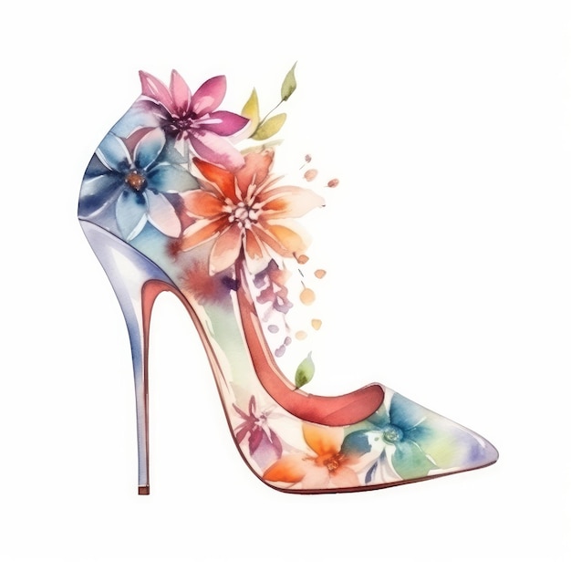 Aquarell-Stilettoabsatz mit Blumen Illustration AI GenerativexA