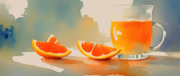 Aquarell-Stillleben mit frischen Orangen und Saft auf einem weißen Tisch Generavive AI