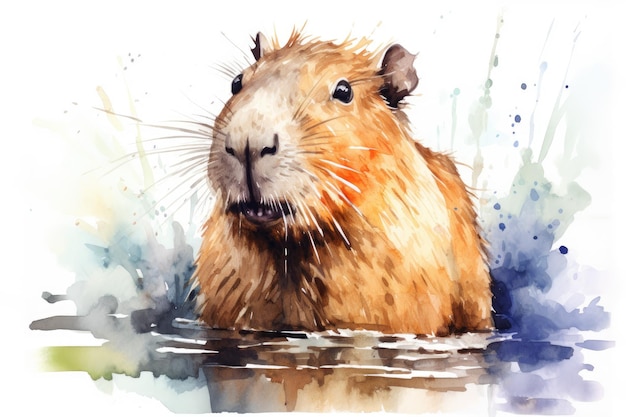 Aquarell süße Capybara im Wasser mit Spritzern auf weißem Hintergrund