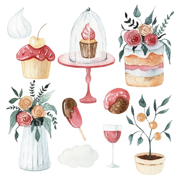 Aquarell süße Nachtischillustrationssammlung. Köstliche Kuchen- und Schokoladenillustration. Hochzeitsblumenset