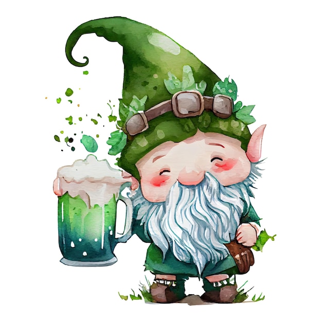 Aquarell süßer Gnom mit Becher Bier st patricks day Zeichentrickfigur Isolierter weißer Hintergrund