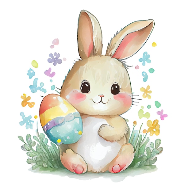 Aquarell süßer Hase mit Ei Zeichentrickfigur Tier isoliert auf weißem Hintergrund