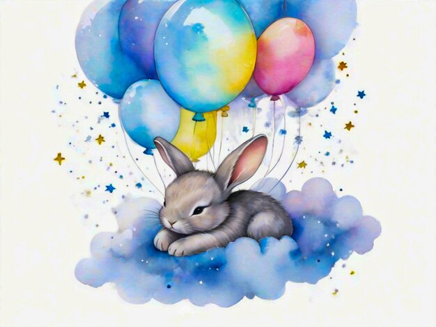 Aquarell süßes Baby Kaninchen schläft auf Ballons Wolke und Sterne isoliert weißer Hintergrund