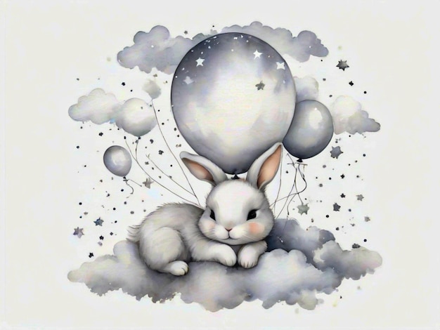 Aquarell süßes Baby Kaninchen schläft auf Ballons Wolke und Sterne isoliert weißer Hintergrund