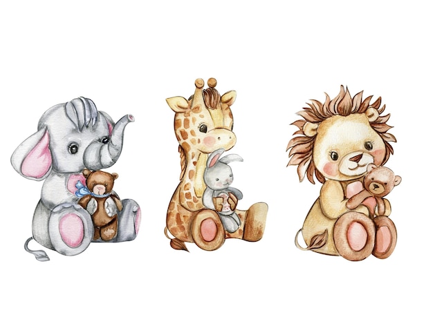 Aquarell süßes kleines Baby Giraffe Löwe und Elefant