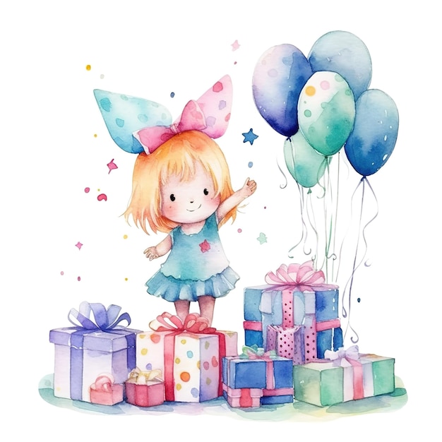 Aquarell süßes kleines Mädchen mit Bogenkopf Kisten mit Geschenken Ballons naive Cartoon weißer Hintergrund