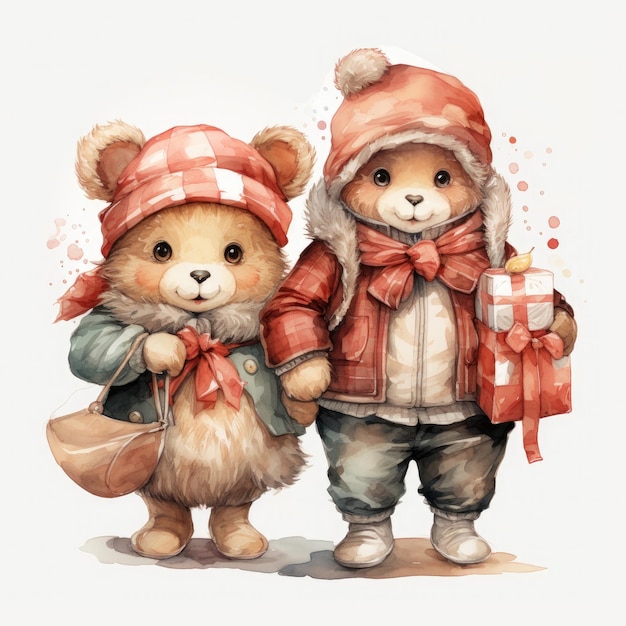 Aquarell süßes Teddybärenpaar trägt Weihnachtsmannshüte und Geschenke