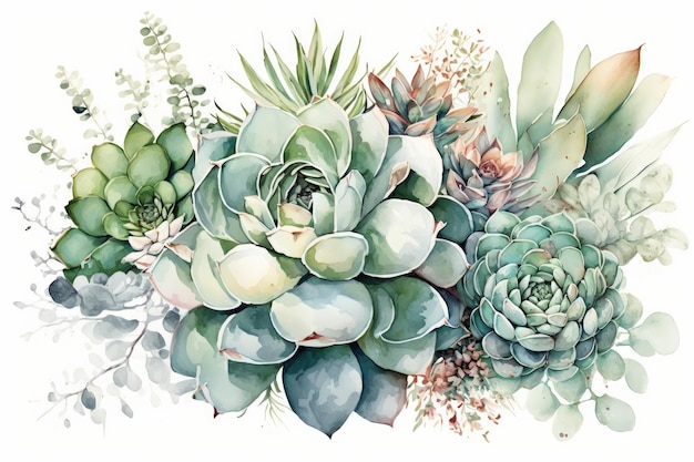 Aquarell-Sukkulentenstrauß mit grünen und floralen Akzenten