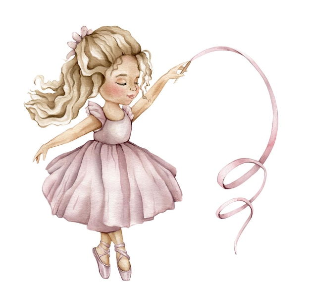 Aquarell tanzende Ballerina in violettem Kleid und blonden Haaren mit Band handgezeichneter junger Ballerina