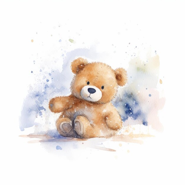 Aquarell-Teddybär, der im Schnee spielt, einzelner weißer Hintergrund, AI generiert