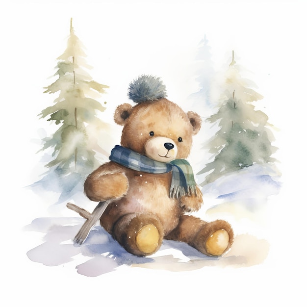 Aquarell-Teddybär malt eine Winterlandschaft mit einem einzelnen weißen Hintergrund, der von der KI generiert wurde