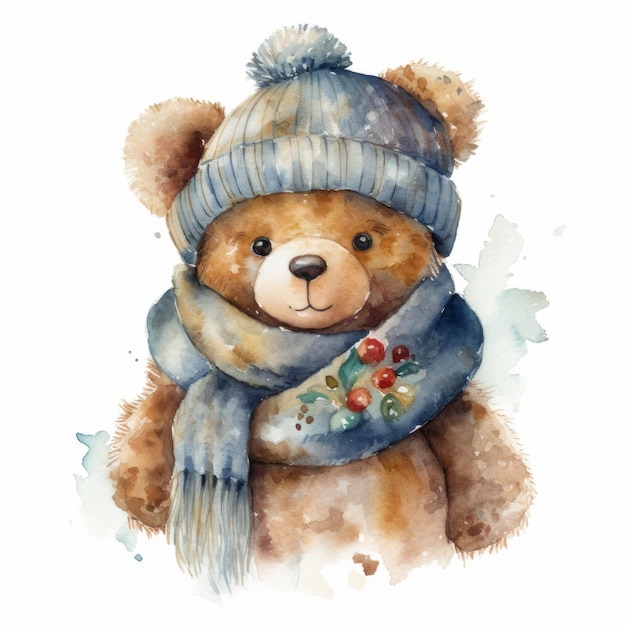 Foto aquarell-teddybär mit gemütlicher wintermütze und schal, einzelner weißer hintergrund, ki generiert