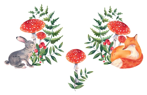 Aquarell-Tiere des Waldkaninches und des Fuchses Eine Reihe von Kompositionen auf weißem Hintergrund Kinderillustration Für Designer, die Aufkleber und Aufkleber-Logos drucken