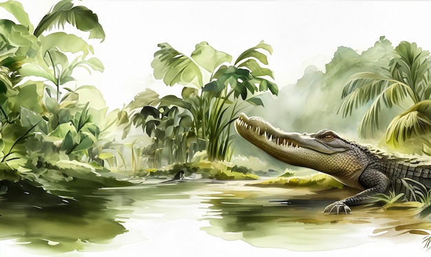 Aquarell-Tiervorlage-Hintergrund-Krokodil am Flussufer, erstellt mit generativer KI