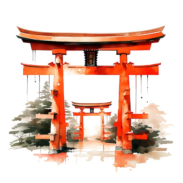 Aquarell Torii Gate House Japan Minimalistisches Design Pape auf weißem Hintergrund Ästhetikhaus