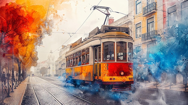 Aquarell-Touristenkarte der gelben Straßenbahn in Lissabon