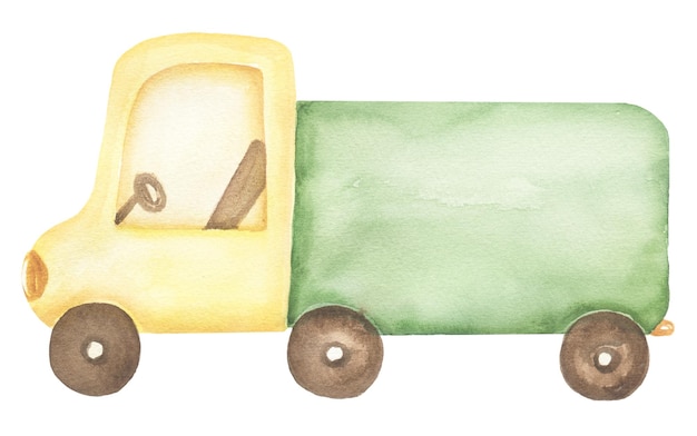 Foto aquarell-transport-illustration niedlicher lkw-druck clipart handgezeichnete kinderparty-cliparts gelber und grüner auto-kindergarten-transport kunstwerk für textilien stoffe souvenirs babyparty-grußkarte