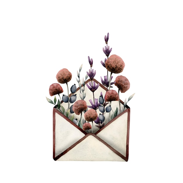 Aquarell trockene Blumen in Vintage-Umschlag Blumenpost Dankeskarten entwirft Hochzeitseinladungen