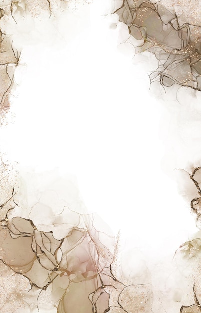 Aquarell-Tropfenspritzer, braune Farbe mit goldenem Glitzer auf weißem Hintergrund, handgezeichnete Alkoholtinte in abstraktem Muster, Illustration digitaler Farbe, spektakulärer abstrakter Hintergrund, stabile flüssige Textur