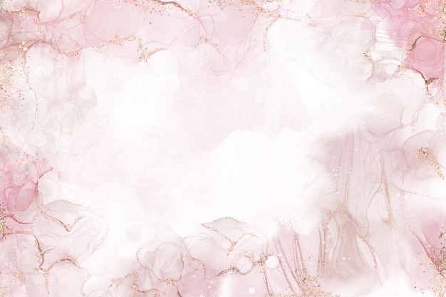 Aquarell-Tropfenspritzer rosa Farbe mit goldenem Glitzer auf weißem HintergrundHandgezeichnete Alkoholtinte in abstraktem MusterIllustration digitale Farbe spektakulärer abstrakter HintergrundMable flüssige Textur