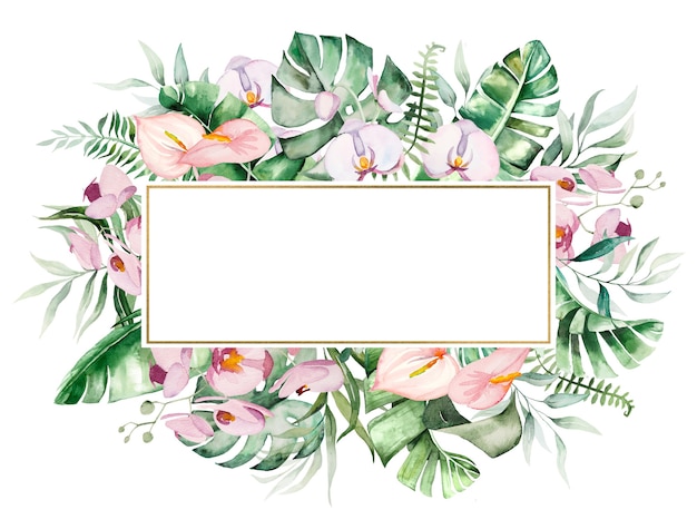 Aquarell tropische blumen und blätter geometrische rahmenillustration