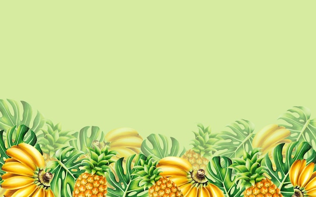 Aquarell tropischer Rahmen mit einem Haufen Bananen, Ananas und Monstera-Blättern. Banner mit reifen Früchten