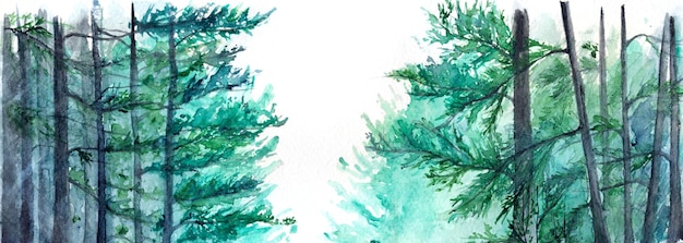 Aquarell türkisfarbene Winterwald-Kiefernlandschaft